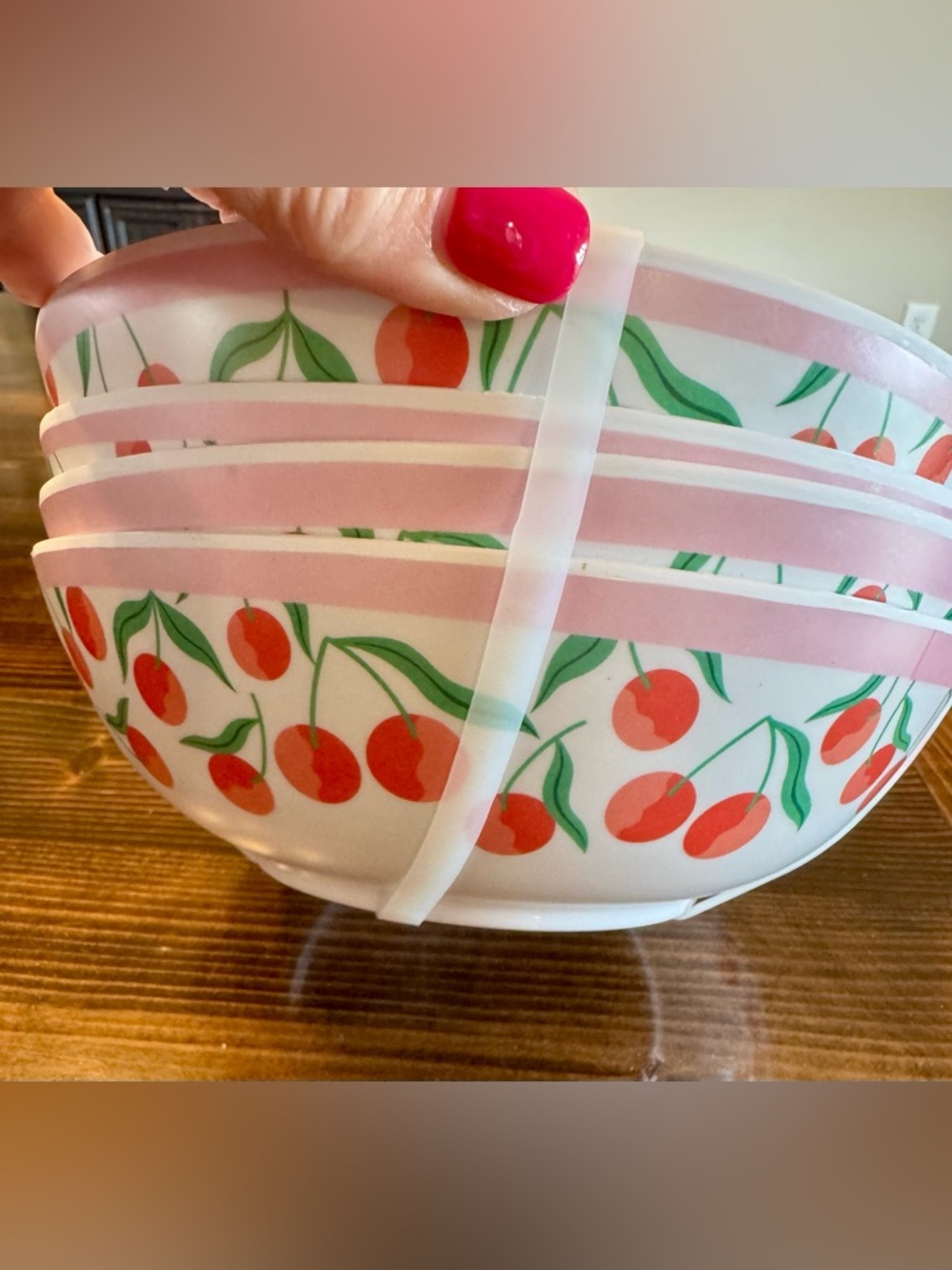 NWT Nicole Miller Pink Cherry Stripe Melamine Bowl Set of 4 - Picture 2 of 3